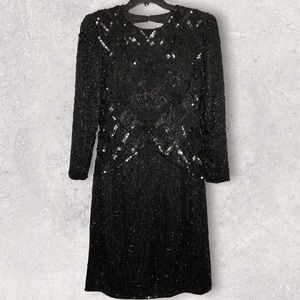 Vintage Sweelo Black Beaded Long Sleeve 100% Silk Dress Evening Gown